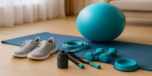 Senior-friendly fitness gear with dumbbells, yoga mat, resistance band, shoes, and stability ball in a bright home gym setting.