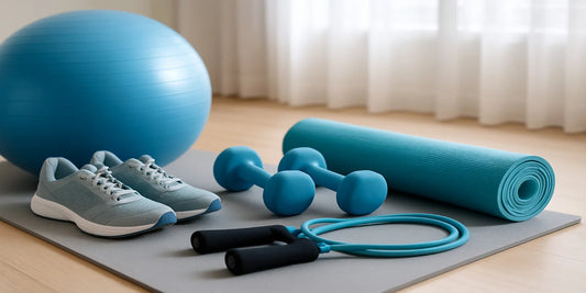 Light dumbbells, yoga mat, resistance band, exercise ball, shoes, and jump rope neatly arranged in a bright home gym setting.