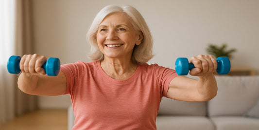 A smiling senior woman exercises at home, lifting blue dumbbells with arms extended, wearing a coral shirt in a bright living room.