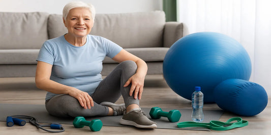 Smiling senior woman sitting on yoga mat with dumbbells, resistance band, exercise ball, and water bottle in bright living room.