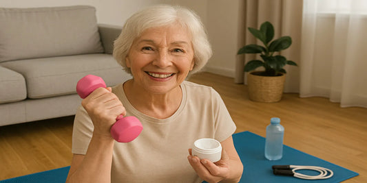 Smiling senior woman exercising at home with a pink dumbbell, sitting on a yoga mat with water bottle and jump rope nearby.