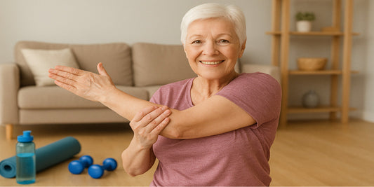 Smiling senior woman stretching her arm in a living room, with yoga mat, dumbbells, and water bottle arranged for safe home exercise.
