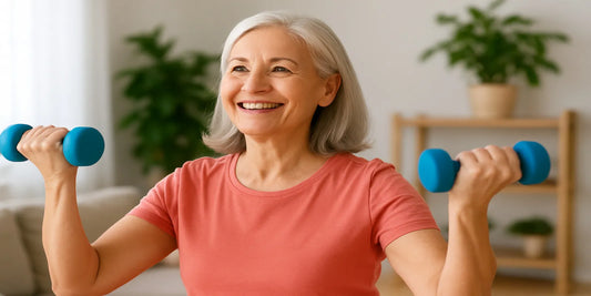 A smiling senior woman in a coral shirt lifts blue dumbbells at shoulder height while exercising in a bright living room with plants.