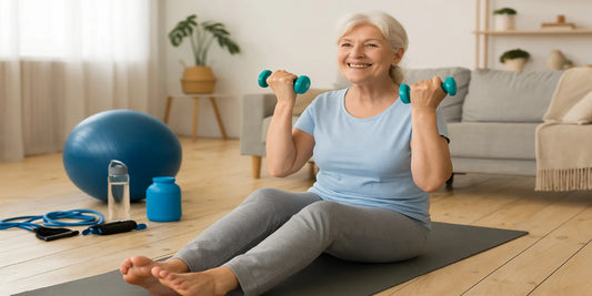 Smiling senior woman exercising on a yoga mat, lifting dumbbells in a bright living room with fitness gear, ball, and plants nearby.