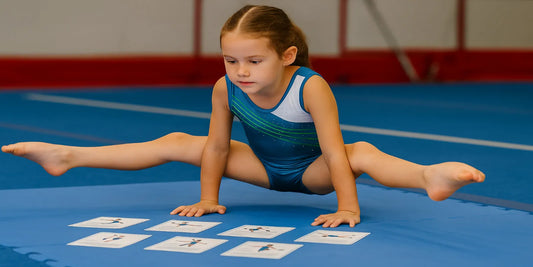 Young gymnast practicing L-sit on a blue mat while studying gymnastics training aid cards spread out in front of her.