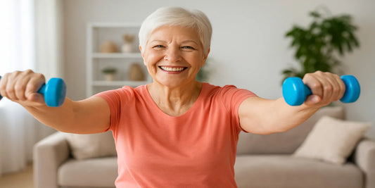 A smiling senior woman in a coral shirt lifts blue dumbbells with arms extended while exercising in a bright living room.