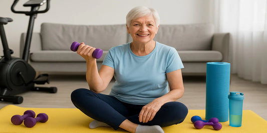 Smiling senior woman exercising on a yellow mat with a purple dumbbell, yoga mat, and fitness gear in a bright living room.