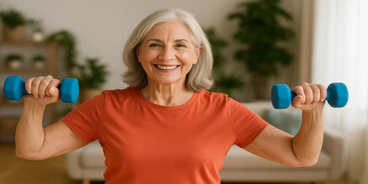 A smiling senior woman in a coral shirt lifts blue dumbbells at shoulder height while exercising in a bright living room with plants.