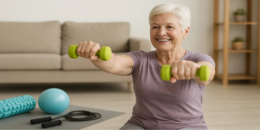 Smiling senior woman exercising at home with green dumbbells, sitting on a yoga mat beside a foam roller, ball, and jump rope in a bright room.