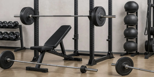 Professional strength training equipment including a power rack, barbell, bench, dumbbells, and medicine balls in a modern gym setup for 2025.