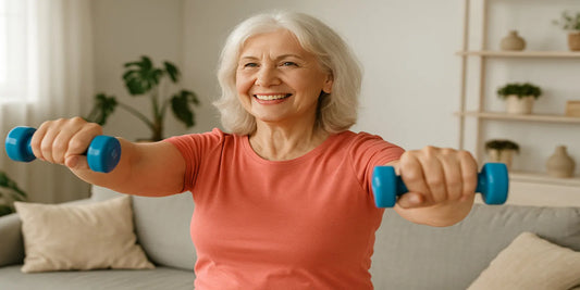A smiling senior woman in a coral shirt lifts blue dumbbells with arms extended while exercising in a bright living room with plants.