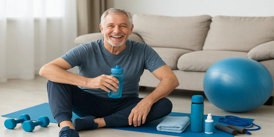 Smiling senior man sitting on a yoga mat with dumbbells, exercise ball, and water bottle, ready for a safe home workout.
