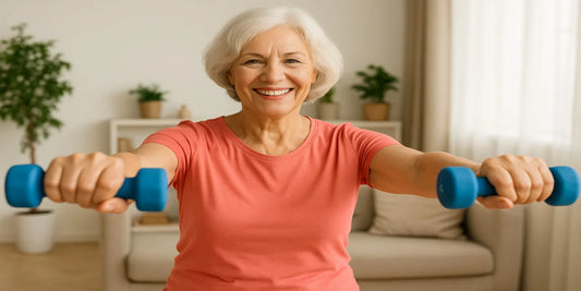 A cheerful senior woman in a coral shirt lifts blue dumbbells with arms extended while exercising in a bright living room with plants.