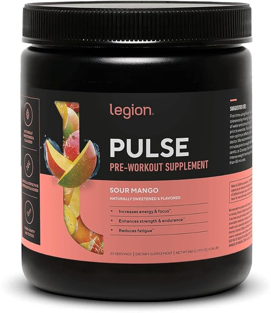 LEGION Pulse Pre Workout Supplement - All Natural Nitric Oxide Preworkout Drink to Boost Energy, Creatine Free, Naturally Sweetened, Beta Alanine, Citrulline, Alpha GPC (Sour Mango)
