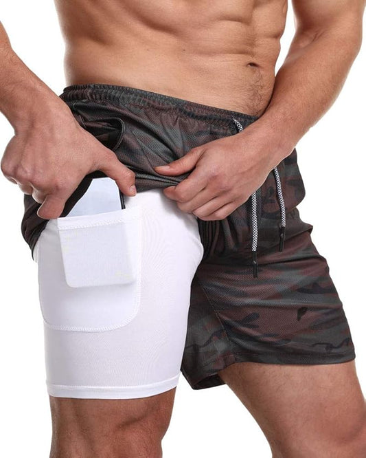 EVERWORTH Men's 2-in-1 Bodybuilding Workout Shorts Lightweight Gym Training Short Running Athletic Jogger with Zipper Pockets