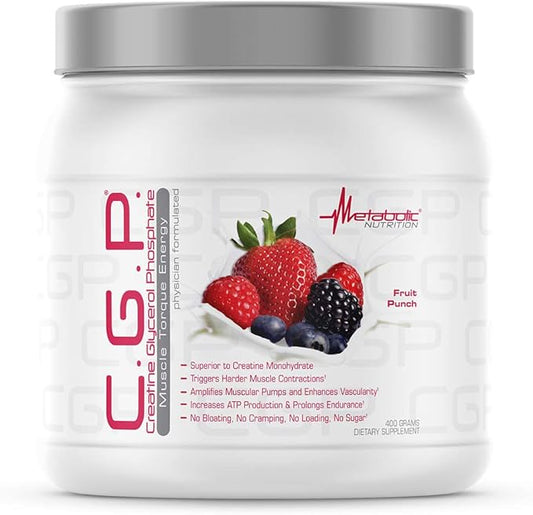 Metabolic Nutrition, CGP, Creatine Glycerol Phosphate, 100% Micronized Creatine Powder, Pre Intra Post Workout Supplement, Fruit Punch, 400 Grams (40 Servings)