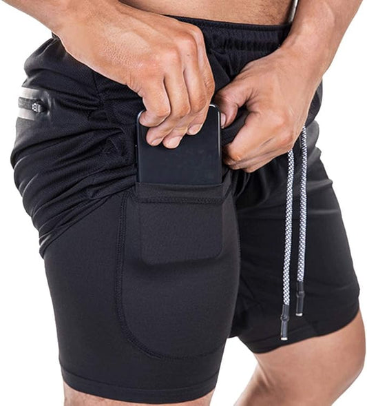 EVERWORTH Men's 2-in-1 Bodybuilding Workout Shorts Lightweight Gym Training Short Running Athletic Jogger with Zipper Pockets