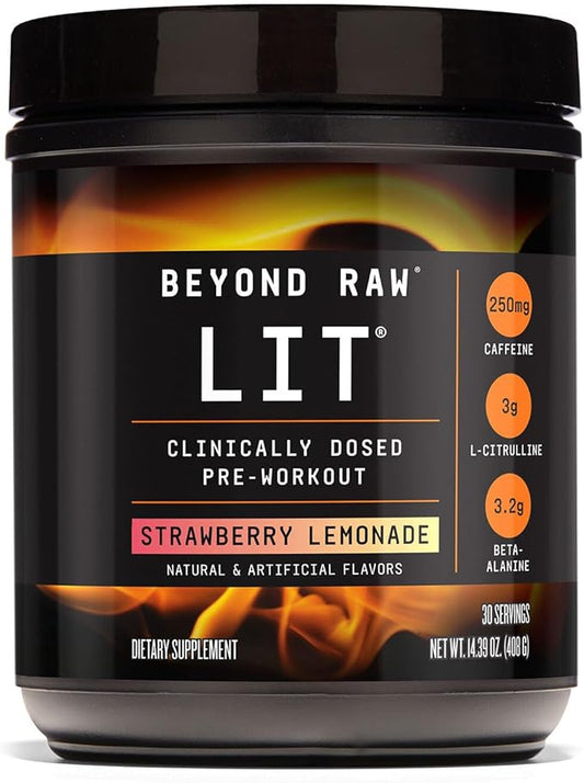Beyond Raw LIT PreWorkout Powder Supplement For Men and Women, Energy, Focus, Endurance, Pumps, Nitric Oxide Boost, 250mg Caffeine, Creatine, Beta Alanine, Strawberry Lemonade, 30 Servings