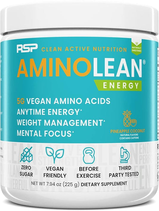 RSP NUTRITION AminoLean Natural Pre Workout Powder, Sucralose Free Amino Energy with No Artificial Dyes, Vegan BCAAs and Weight Management, Pineapple Coconut, 25 Serv