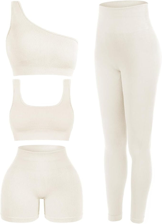 4 Pcs Women's Workout Sets Pilates Exercise Outfit Ribbed Scoop Neck Sports Bra Shorts Leggings Gym Clothes Set