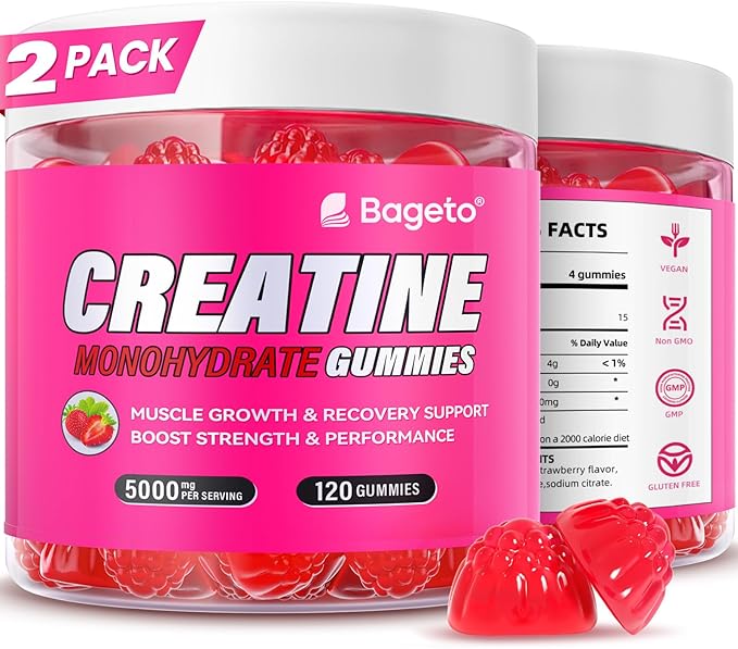 Creatine Monohydrate Gummies 5000mg for Men & Women, Gomitas de Creatina 5g Creatine Monohydrate,0g Sugar Chewables Creatine Pre-Workout for Muscle Strength, Vegan (Strawberry 2)