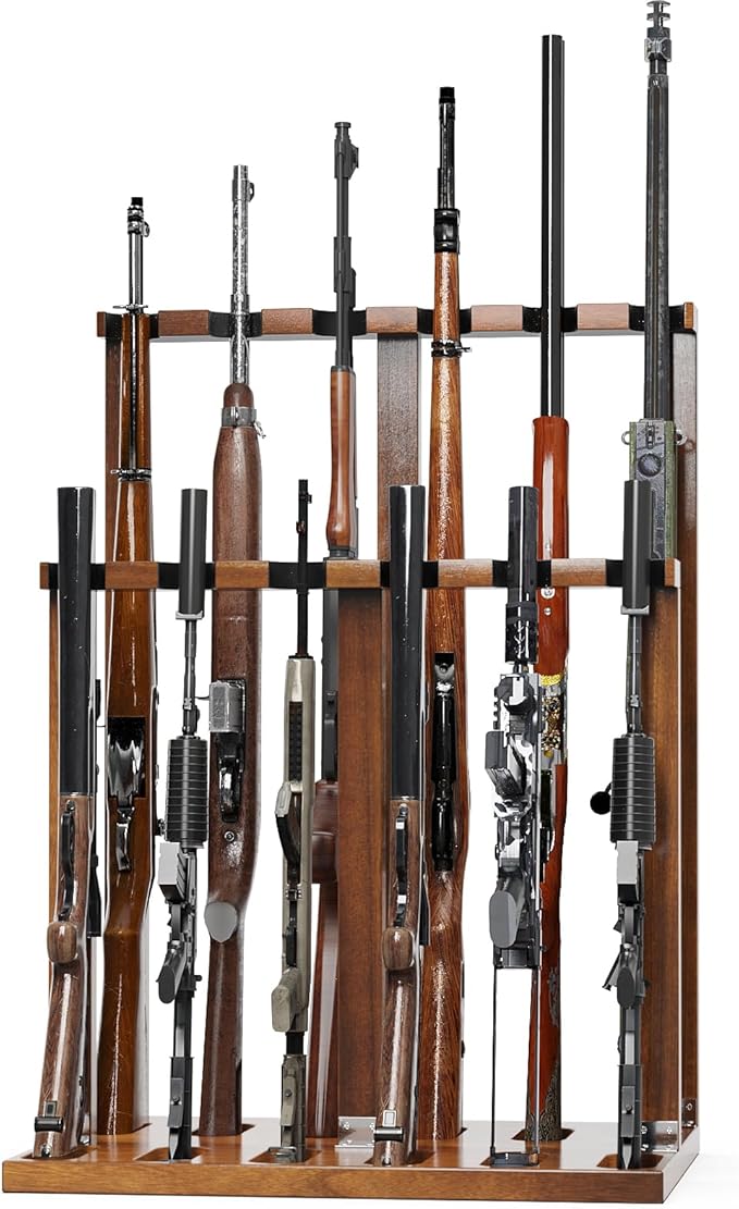 Indoor Gun Racks, Wooden Free Standing Heavy Duty Shotgun Display Rack, Rifle Stand Organizer, 12 Rifles Storage Holder Wood Gun Rack (Walnut)