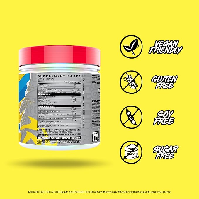 GHOST Legend Pre-Workout Powder, Swedish Fish - 30 Servings – Pre-Workout for Men & Women with Caffeine, Choline, L-Citrulline, & Beta Alanine for More Pumps, Energy & Focus - Vegan Friendly