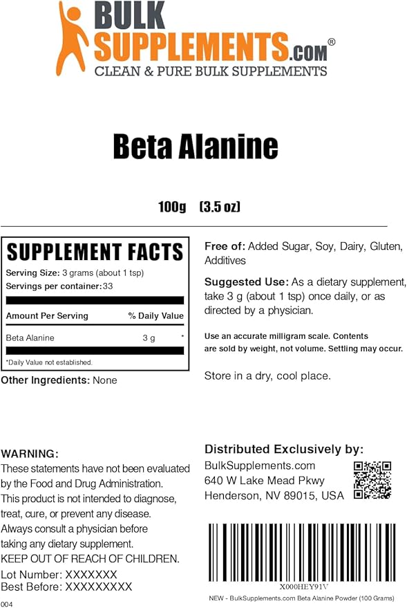 BulkSupplements.com Beta Alanine Powder - Beta-Alanine Supplement, Pre-Workout Supplement - Unflavored & Gluten Free, 3g per Serving, 100g (3.5 oz) (Pack of 1)
