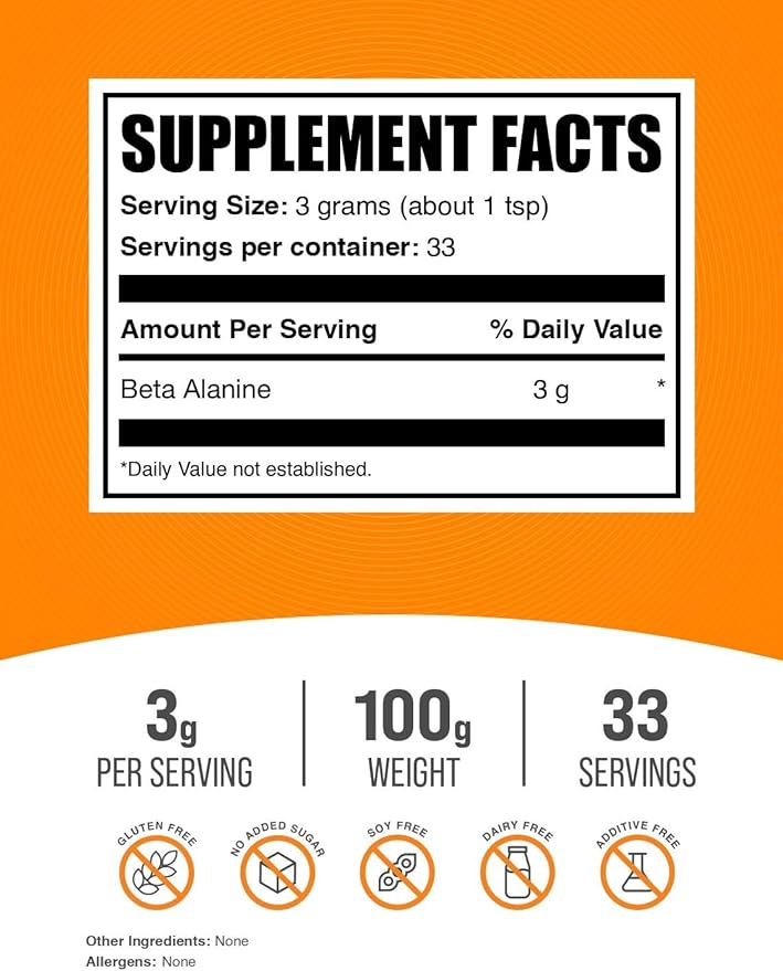 BulkSupplements.com Beta Alanine Powder - Beta-Alanine Supplement, Pre-Workout Supplement - Unflavored & Gluten Free, 3g per Serving, 100g (3.5 oz) (Pack of 1)