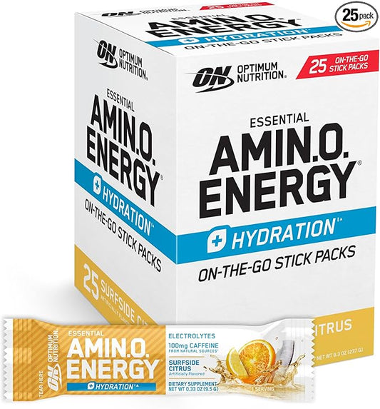 Optimum Nutrition Amino Energy Plus Hydration Packets, On-The-Go Energy Powder Stick Packs, Surfside Citrus, 25 Count