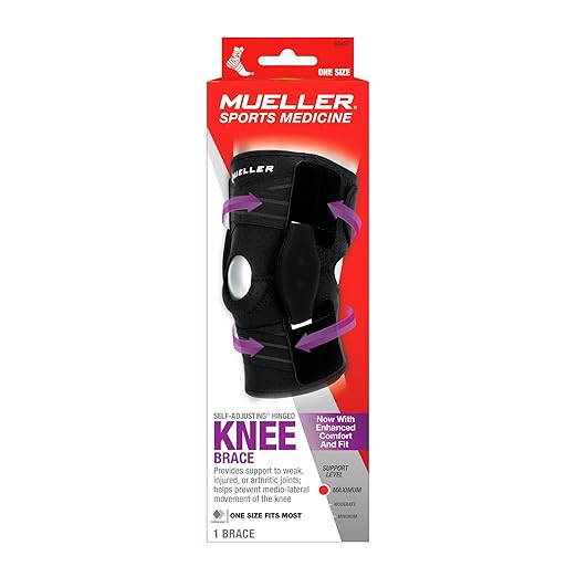 MUELLER Sports Medicine Self Adjusting Hinged Knee Brace, Knee Pain Relief Support for Men and Women, Ideal for Arthritis, Sprains, Black, One Size