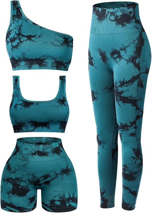 4 Pcs Women's Workout Sets Pilates Exercise Outfit Ribbed Scoop Neck Sports Bra Shorts Leggings Gym Clothes Set