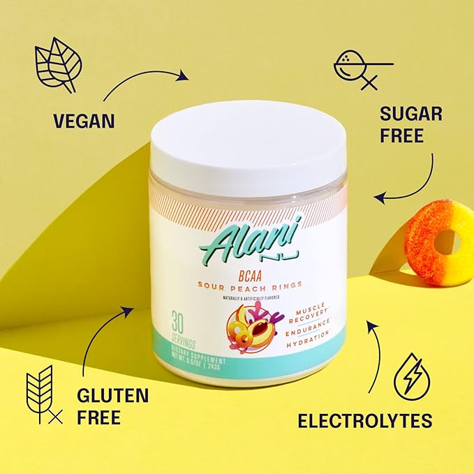 Alani Nu BCAA Sour Peach Ring | Branch Chain Essential Amino Acids | 2:1:1 Formula | Supplement Powder | Muscle Recovery Vitamins for Post-Workout | 30 Servings
