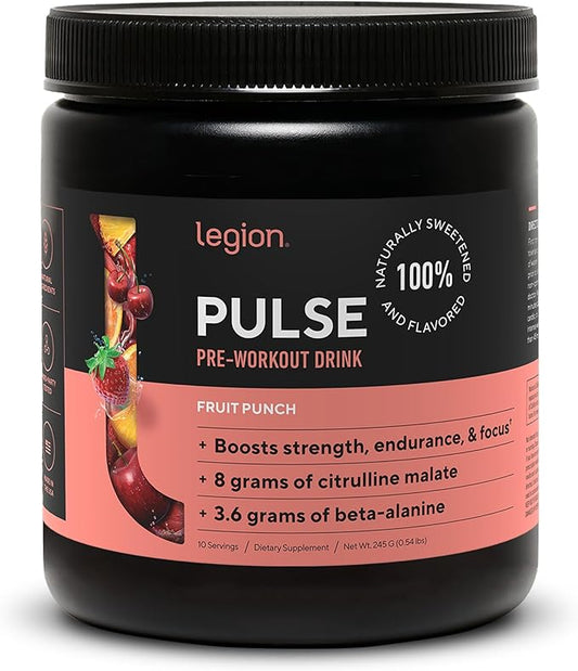 LEGION- All Natural Nitric Oxide Preworkout Drink to Boost Energy, Creatine Free, Naturally Sweetened, Beta Alanine, Citrulline, Alpha GPC (Fruit Punch 10 Servings)