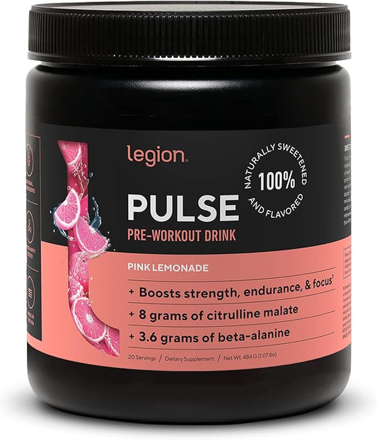 LEGION Pulse Pre Workout - All Natural Nitric Oxide Preworkout Drink to Boost Energy, Creatine Free, Naturally Sweetened, Beta Alanine, Citrulline, Alpha GPC (Pink Lemonade)