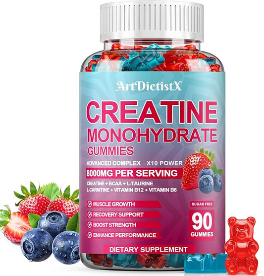 Creatine Monohydrate 8000mg Gummies with BCAA, L-Carnitine, Taurine & Vitamin B12 - Pre Workout Supplement for Muscle Growth, Strength & Energy, Multi-Flavor Chewable Gummies, 90 Count for Men & Women