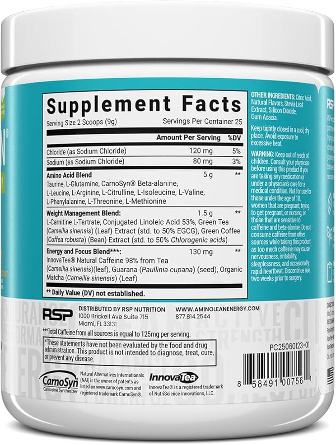 RSP NUTRITION AminoLean Natural Pre Workout Powder, Sucralose Free Amino Energy with No Artificial Dyes, Vegan BCAAs and Weight Management, Pineapple Coconut, 25 Serv