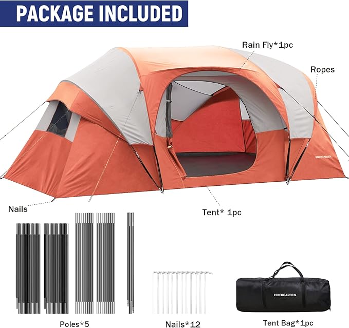HIKERGARDEN 10 Person Camping Tent - Portable Easy Traveling-14'x11'x74in(H)
