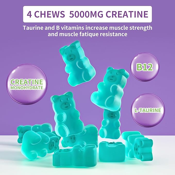 Creatine Monohydrate Gummies 5000mg for Men & Women, Chewables Creatine Monohydrate for Muscle Strength, Muscle Builder, Energy Boost, Pre-Workout Supplement(90 Count)-Blueberry Flavor.