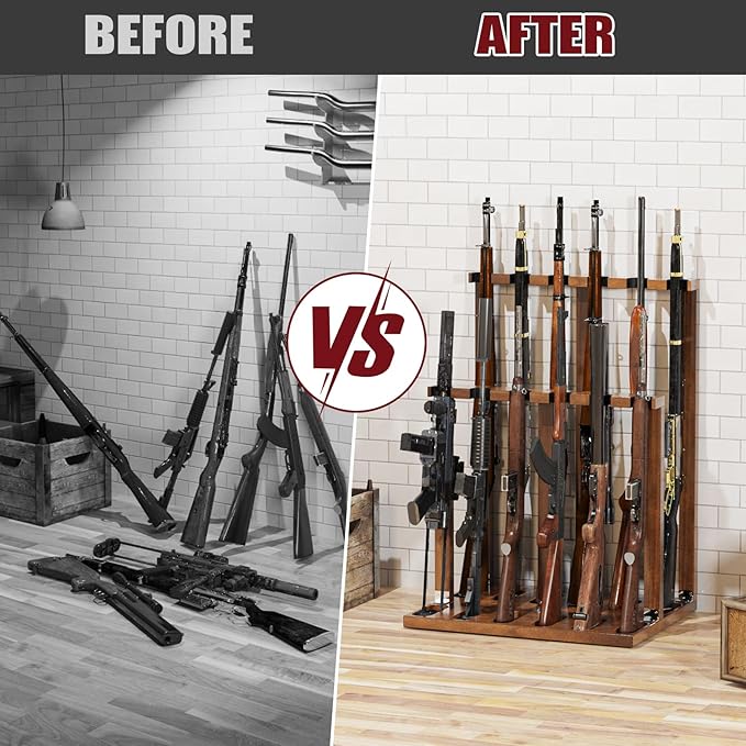 Indoor Gun Racks, Wooden Free Standing Heavy Duty Shotgun Display Rack, Rifle Stand Organizer, 12 Rifles Storage Holder Wood Gun Rack (Walnut)