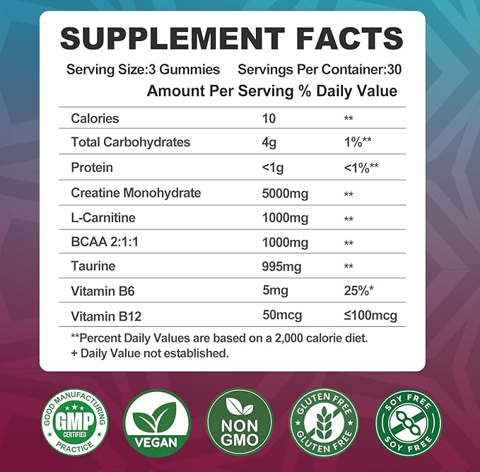 Creatine Monohydrate 8000mg Gummies with BCAA, L-Carnitine, Taurine & Vitamin B12 - Pre Workout Supplement for Muscle Growth, Strength & Energy, Multi-Flavor Chewable Gummies, 90 Count for Men & Women