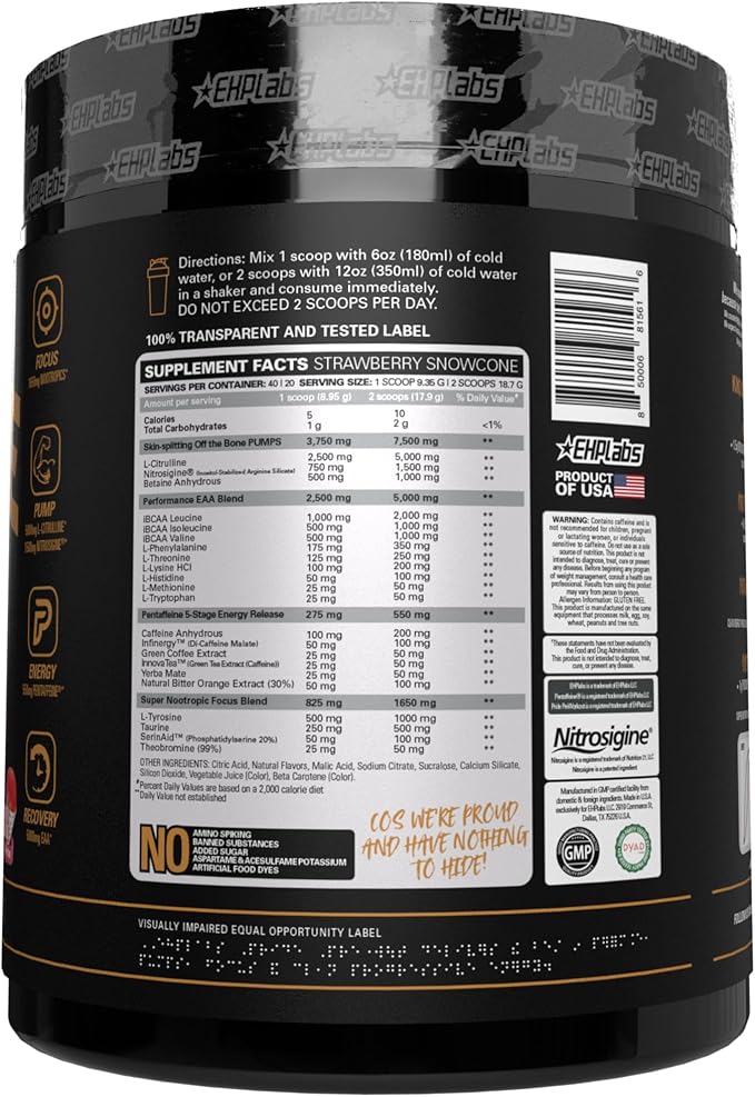 EHP Labs Pride Pre Workout Powder Energy Supplement - Sugar Free Preworkout for Men & Women, Energy Powder Boost Drink with BCAA - 280mg of Caffeine - Strawberry Snowcone (40 Servings)