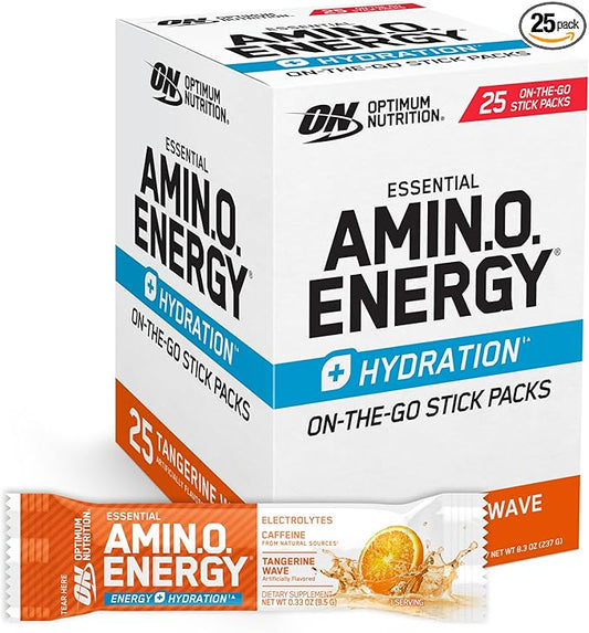 Optimum Nutrition Amino Energy Plus Hydration Packets, On-The-Go Energy Powder Stick Packs, Tangerine Wave, 25 Count
