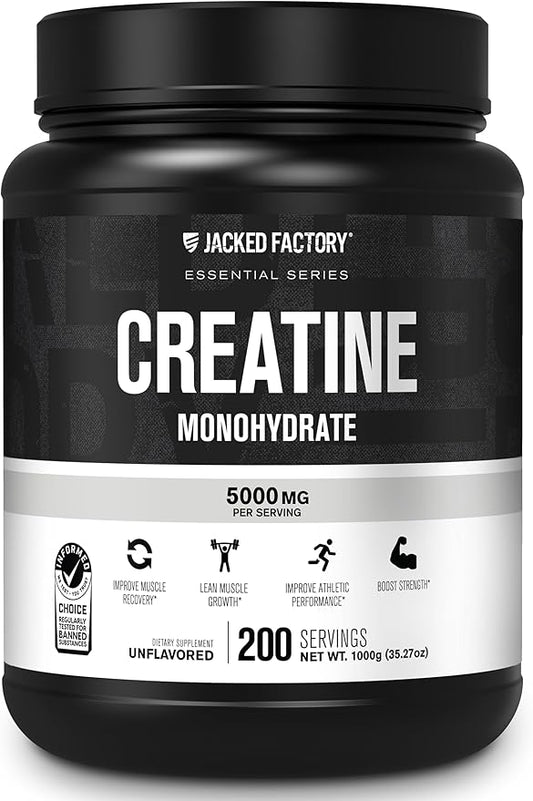 Jacked Factory Creatine Monohydrate Powder 1000g - Creatine Supplement for Muscle Growth, Increased Strength, Enhanced Energy Output and Improved Athletic Performance 200 Servings, Unflavored