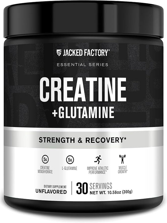 Jacked Factory Creatine + Glutamine - Creatine Supplement with L-Glutamine for Muscle Recovery, Muscle Growth, Increased Strength, Enhanced Energy Output, and Gut Health - 30 Servings, Unflavored