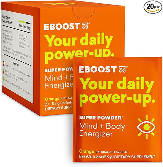 EBOOST Energy Drink & Electrolyte Powder, 20 Packets - Super Powder Orange with No Added Sugar - Essential Blend of Vitamins, Nootropics & Natural Caffeine and Hydration - Pre & Post Workout