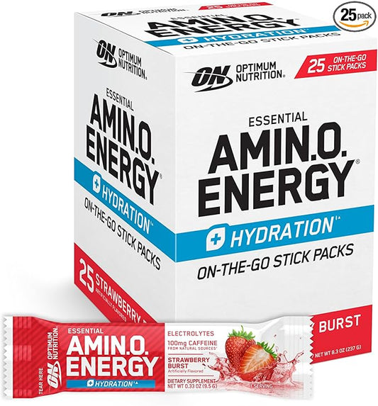 Optimum Nutrition Amino Energy Plus Hydration Packets, On-The-Go Energy Powder Stick Packs, Strawberry Burst, 25 Count