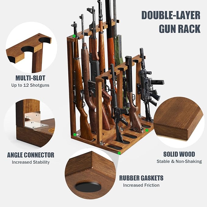 Indoor Gun Racks, Wooden Free Standing Heavy Duty Shotgun Display Rack, Rifle Stand Organizer, 12 Rifles Storage Holder Wood Gun Rack (Walnut)