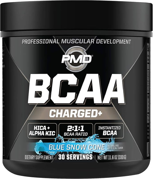 PMD Sports BCAA Charged Delicious Amino Acid Drink Mix for Performance, Recovery, Endurance, and Hydration - Increase Muscle Function for Workout and Daily Energy – Blue Snow Cone (30 Servings)