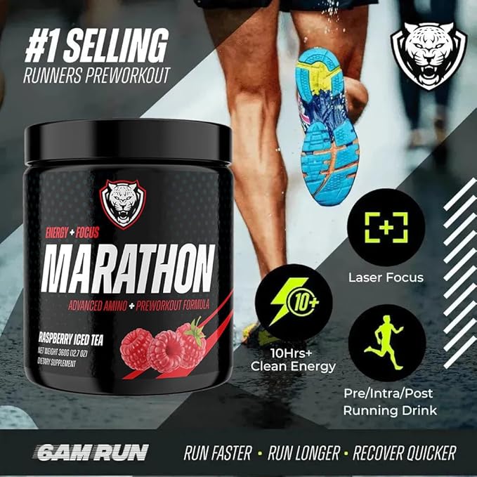 6AM Run Marathon, Pre-Workout Powder for Distance Running, Essential Amino Energy for Cardio & Stamina, All-Natural High-Energy Formula with No Jitters, Raspberry Iced Tea, 40 Servings